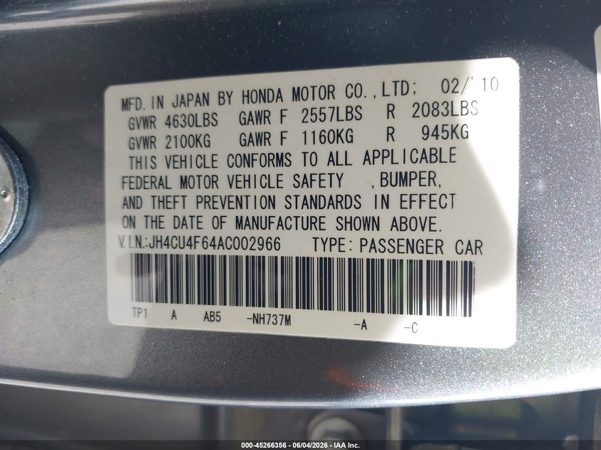 2010 Acura Tsx 3.5 VIN: JH4CU4F64AC002966 Lot: 45266356