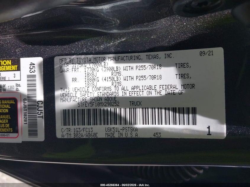 2021 Toyota Tundra Sr5 VIN: 5TFEY5F10MX298252 Lot: 45266364