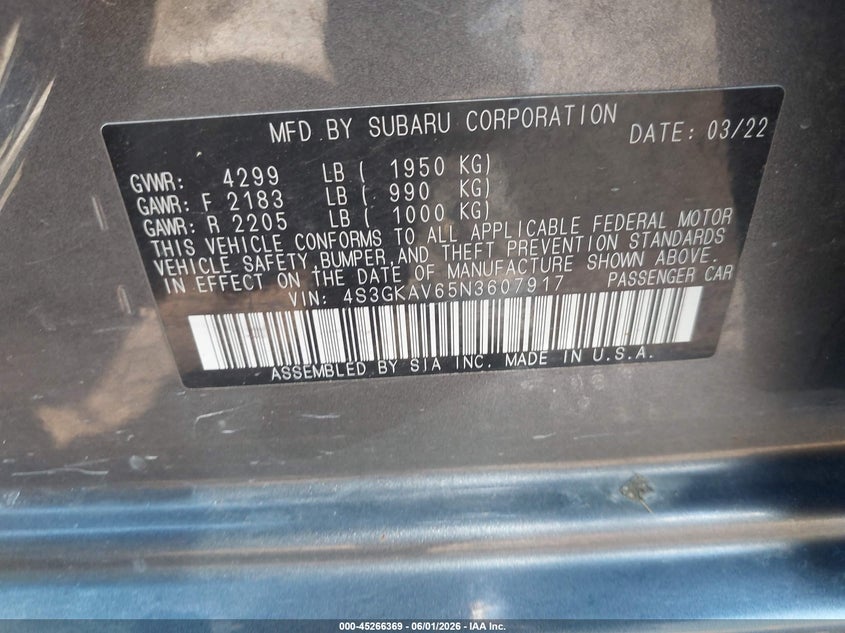 2022 Subaru Impreza Premium VIN: 4S3GKAV65N3607917 Lot: 45266369