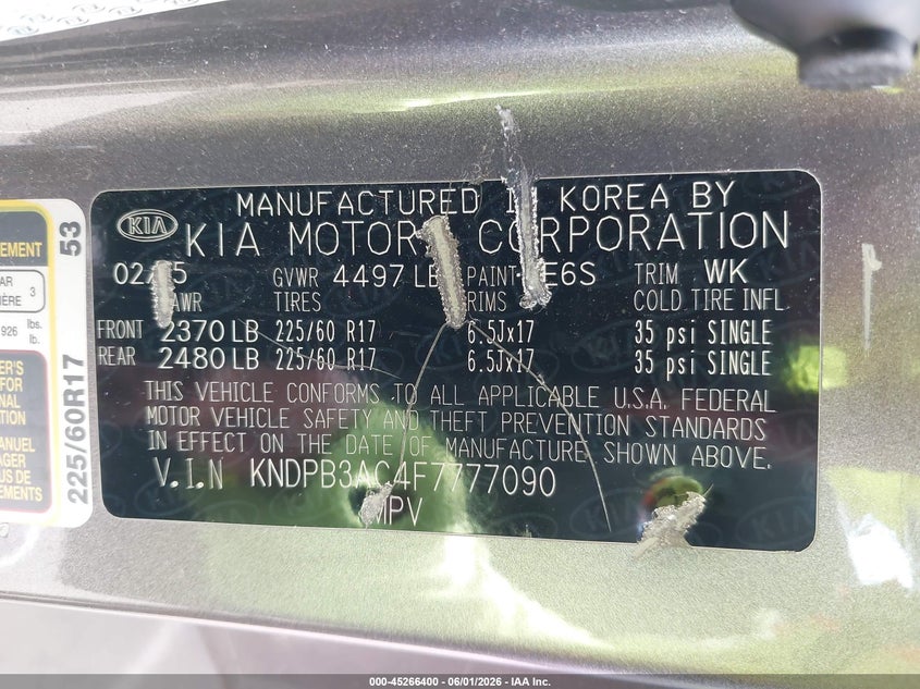 2015 Kia Sportage Lx VIN: KNDPB3AC4F7777090 Lot: 45266400
