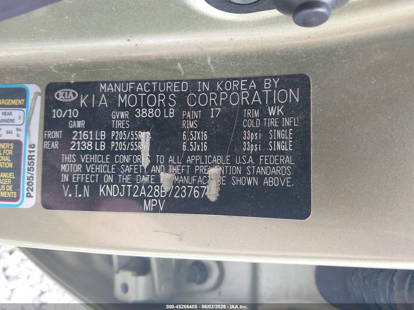 2011 Kia Soul + VIN: KNDJT2A28B7237675 Lot: 45266405