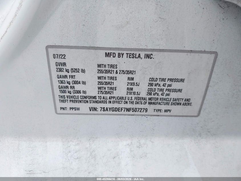 2022 Tesla Model Y Performance Dual Motor All-Wheel Drive VIN: 7SAYGDEF7NF507279 Lot: 45266416