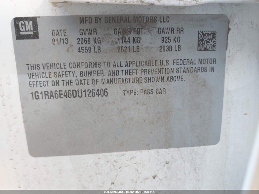 2013 Chevrolet Volt VIN: 1G1RA6E46DU126406 Lot: 45266464