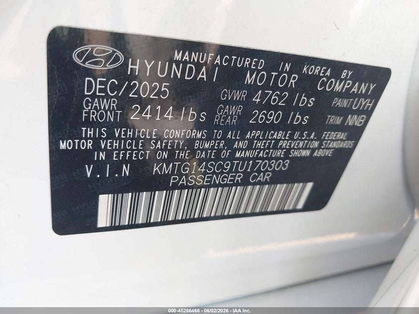 2026 Genesis G70 2.5T Rwd VIN: KMTG14SC9TU170303 Lot: 45266466