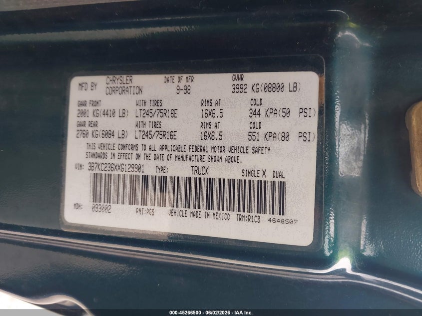 1999 Dodge Ram 2500 St VIN: 3B7KC236XXG129901 Lot: 45266500