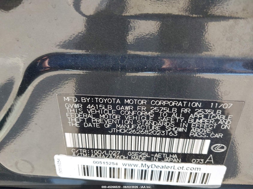 2008 Lexus Is 250 VIN: JTHCK262682023163 Lot: 45266520