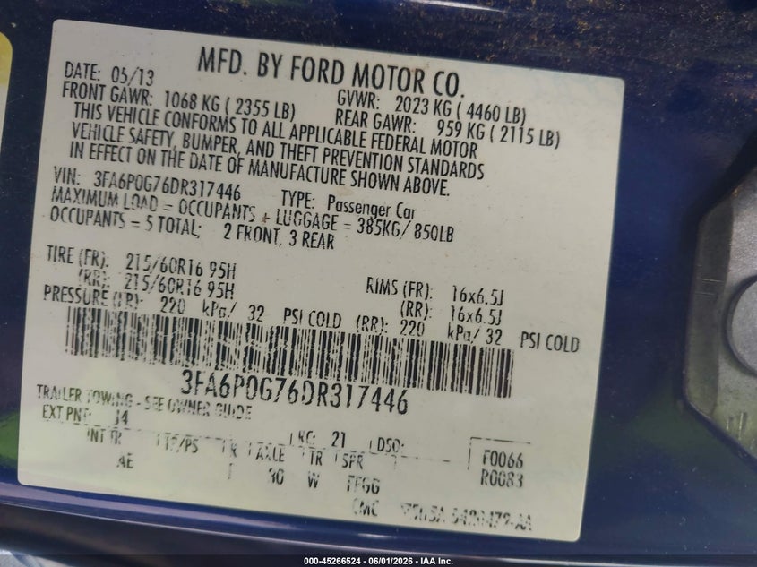 2013 FORD FUSION SEDAN 2.5L I-4 DOHC, VVT, 175HP