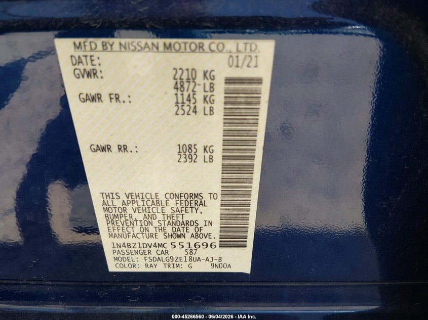 2021 Nissan Leaf Sl Plus 62 Kwh VIN: 1N4BZ1DV4MC551696 Lot: 45266560