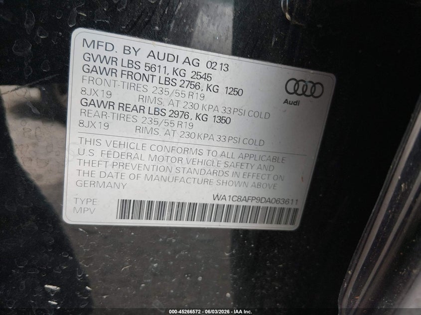 2013 Audi Q5 Hybrid 2.0T Prestige VIN: WA1C8AFP9DA063611 Lot: 45266572