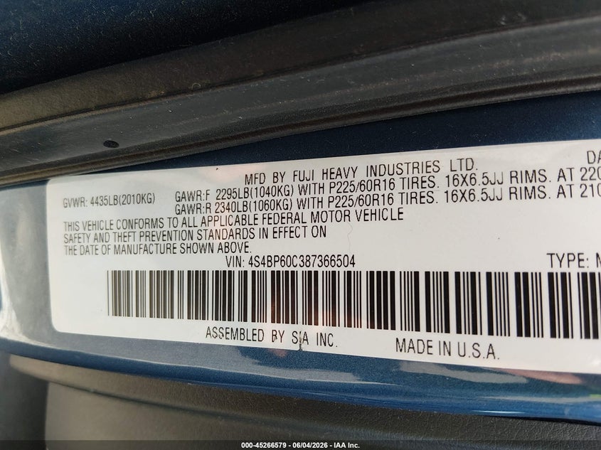 2008 Subaru Outback VIN: 4S4BP60C387366504 Lot: 45266579
