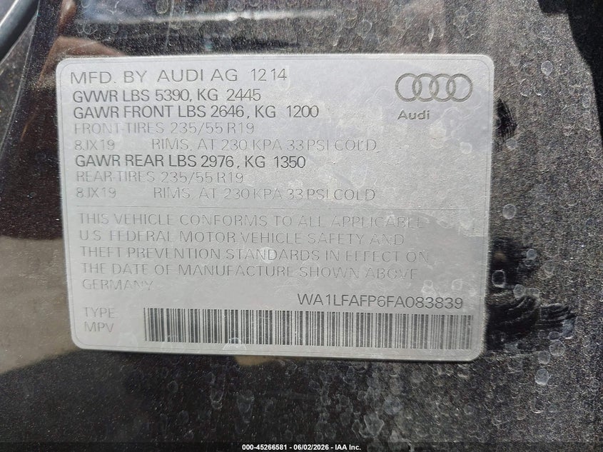 2015 Audi Q5 2.0T Premium VIN: WA1LFAFP6FA083839 Lot: 45266581