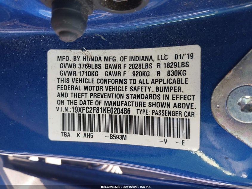 VIN 19XFC2F81KE020486 2019 HONDA CIVIC SPORT