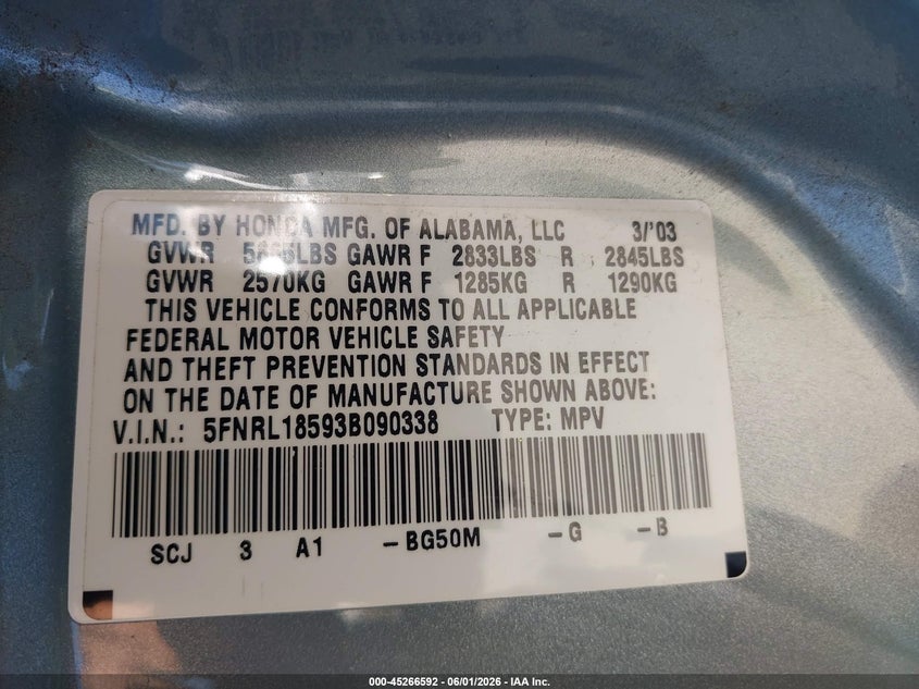 2003 HONDA ODYSSEY VAN 3.5L V-6 VVT, 240HP