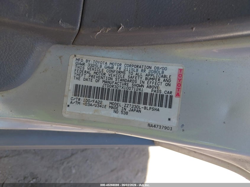 2001 Toyota Celica Gt VIN: JTDDR32TX10071241 Lot: 45266598