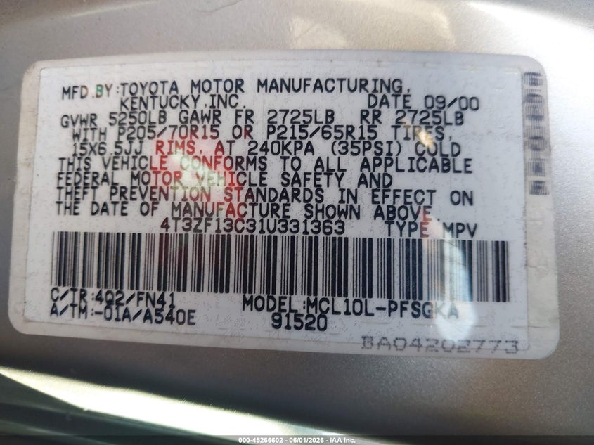 2001 Toyota Sienna Le VIN: 4T3ZF13C31U331363 Lot: 45266602