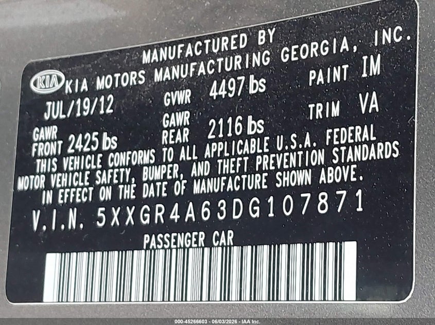 2013 Kia Optima Sx VIN: 5XXGR4A63DG107871 Lot: 45266603