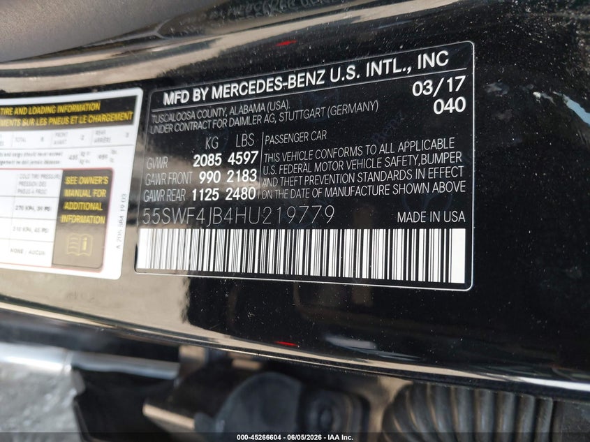 2017 Mercedes-Benz C 300 VIN: 55SWF4JB4HU219779 Lot: 45266604