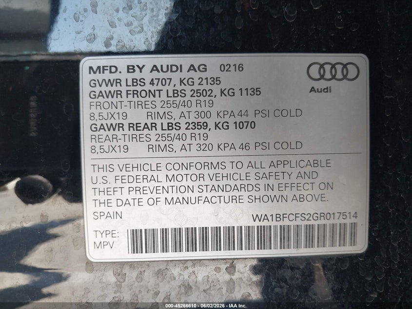 2016 Audi Q3 2.0T Premium Plus VIN: WA1BFCFS2GR017514 Lot: 45266610