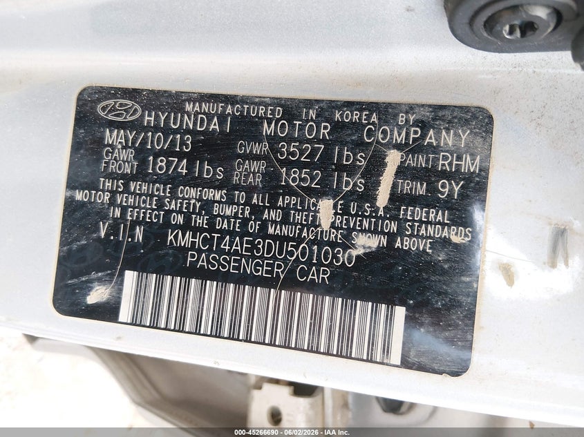 2013 Hyundai Accent Gls VIN: KMHCT4AE3DU501030 Lot: 45266690