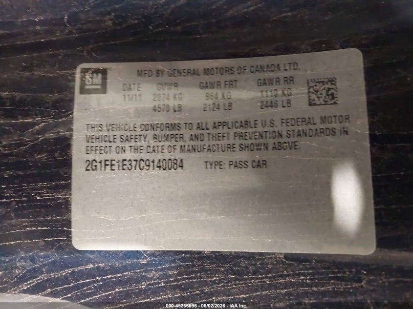 2012 Chevrolet Camaro 1Ls VIN: 2G1FE1E37C9140084 Lot: 45266696
