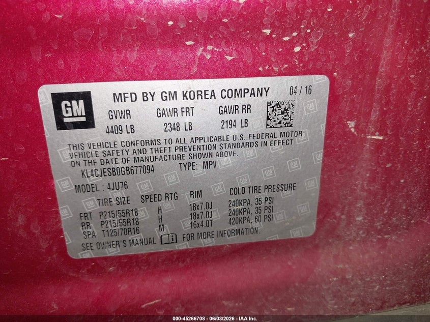 2016 Buick Encore VIN: KL4CJESB0GB677094 Lot: 45266708