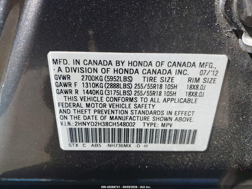 2012 Acura Mdx 3.7 Mdx Technology Package Unknown Lot 111045266741 Vin 2HNYD2H38CH548002