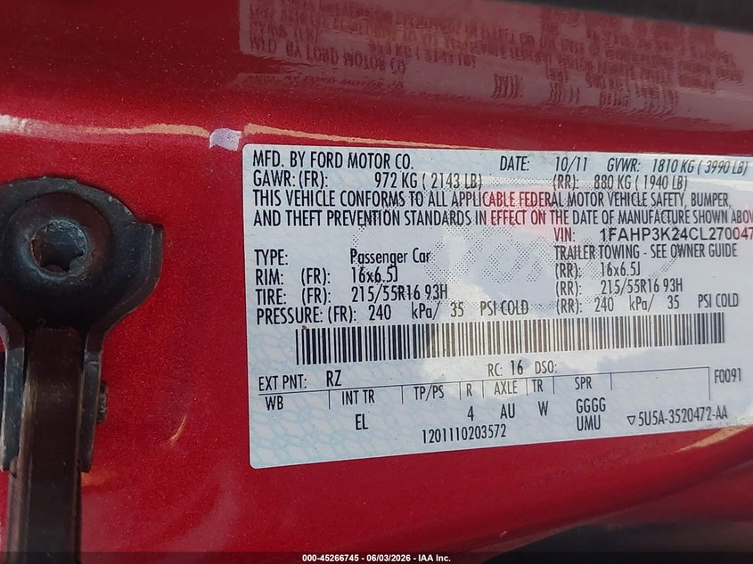 2012 Ford Focus Se VIN: 1FAHP3K24CL270047 Lot: 45266745