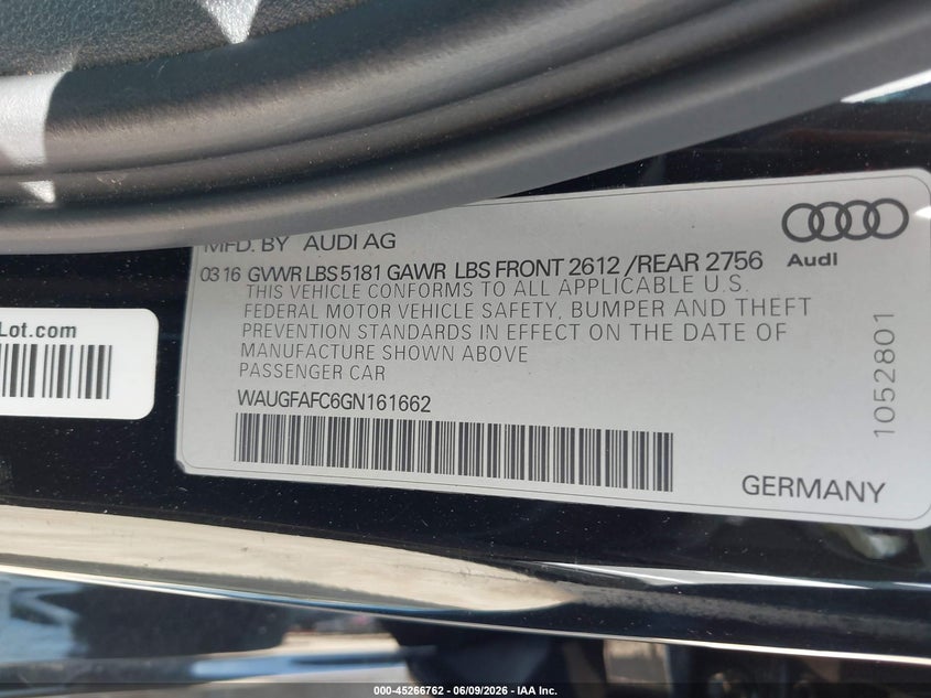 2016 AUDI A6 SEDAN 2.0L I-4 DI, DOHC, VVT, TURBO, 252HP
