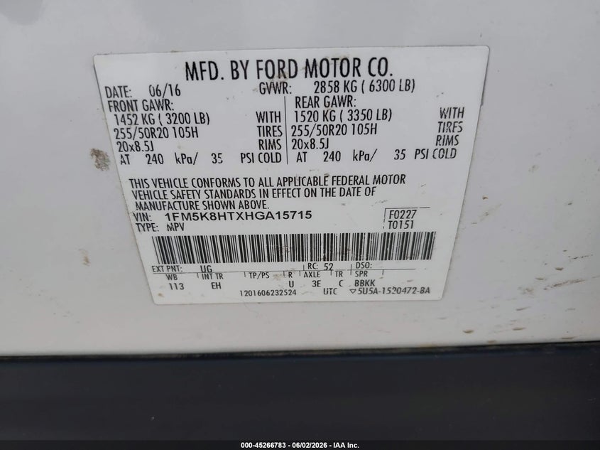VIN 1FM5K8HTXHGA15715 2017 FORD EXPLORER PLATINUM