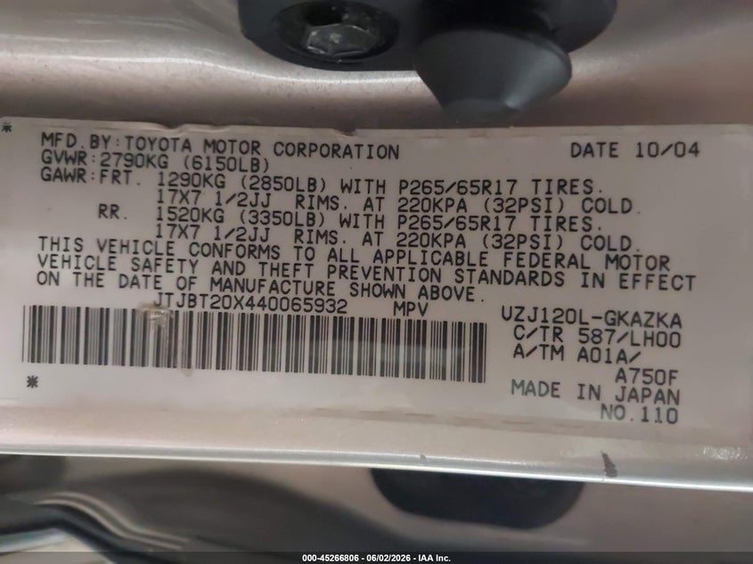 2004 Lexus Gx 470 VIN: JTJBT20X440065932 Lot: 45266806
