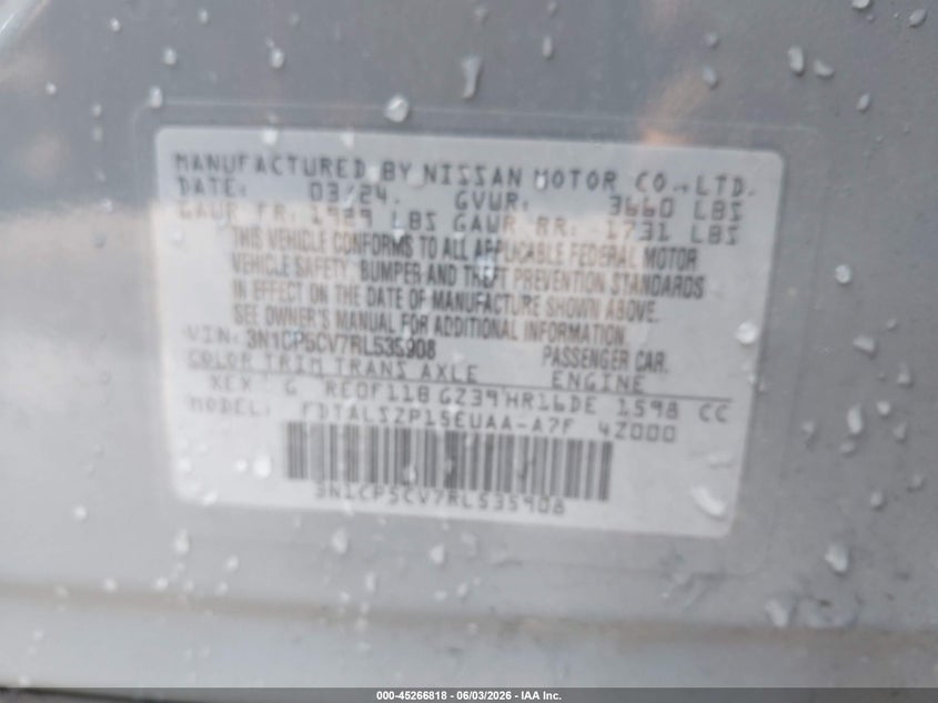 2024 Nissan Kicks Sv Xtronic Cvt VIN: 3N1CP5CV7RL535908 Lot: 45266818