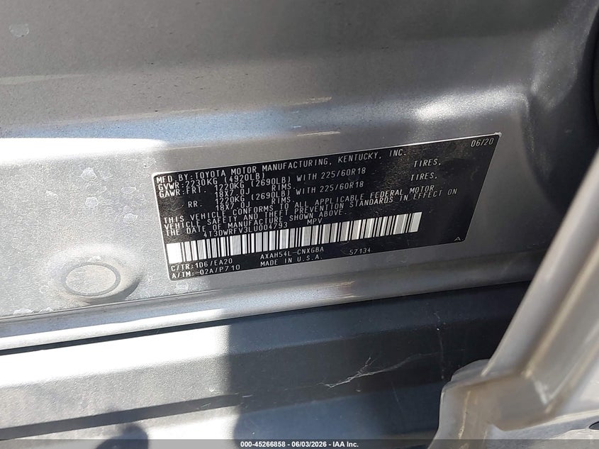 VIN 4T3DWRFV3LU004793 2020 TOYOTA RAV4 HYBRID LIMITED