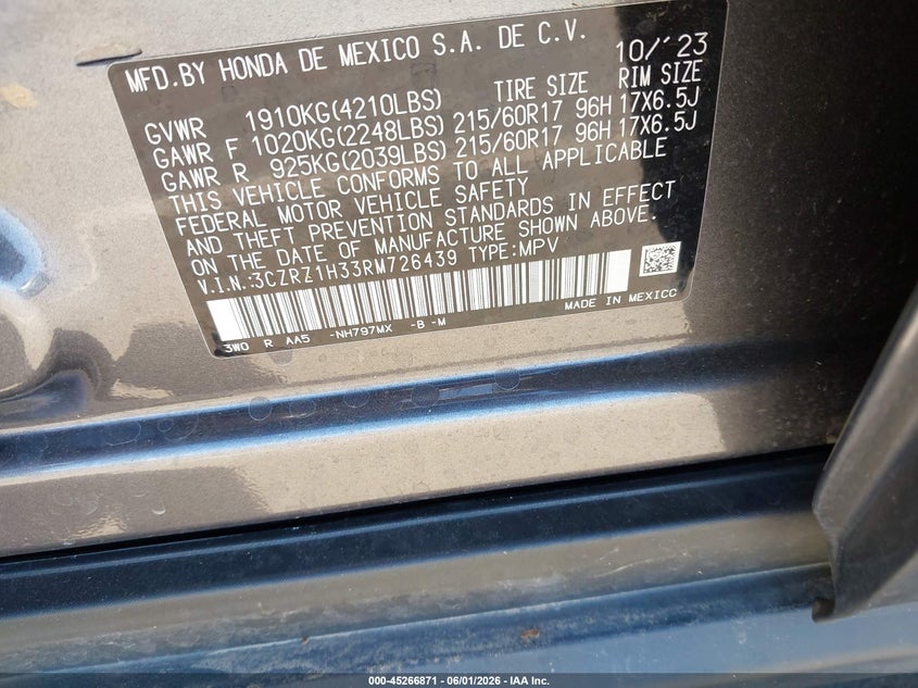 2024 Honda Hr-V 2Wd Lx VIN: 3CZRZ1H33RM726439 Lot: 45266871