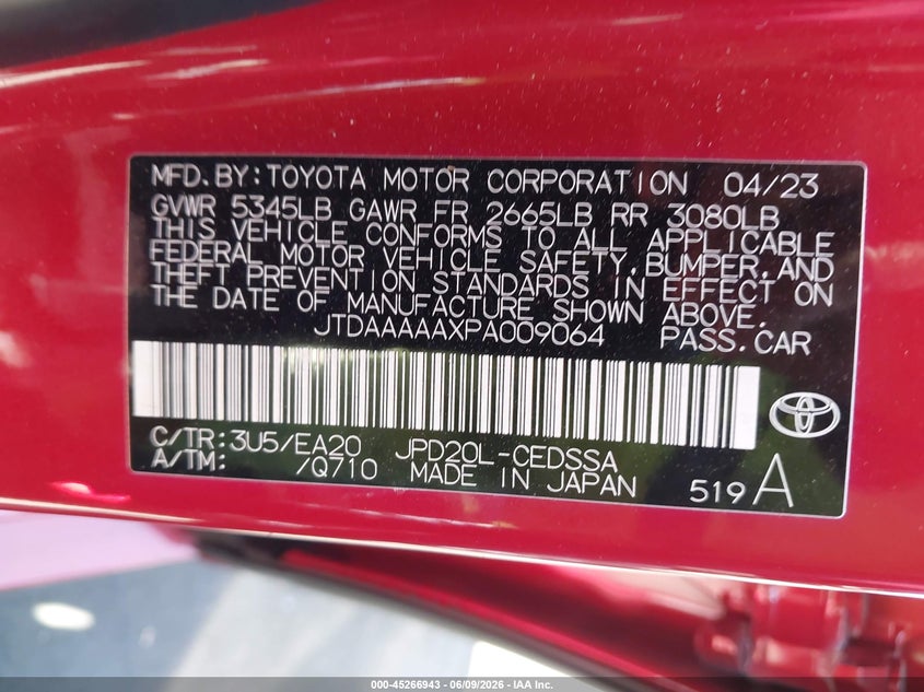VIN JTDAAAAAXPA009064 2023 TOYOTA MIRAI XLE