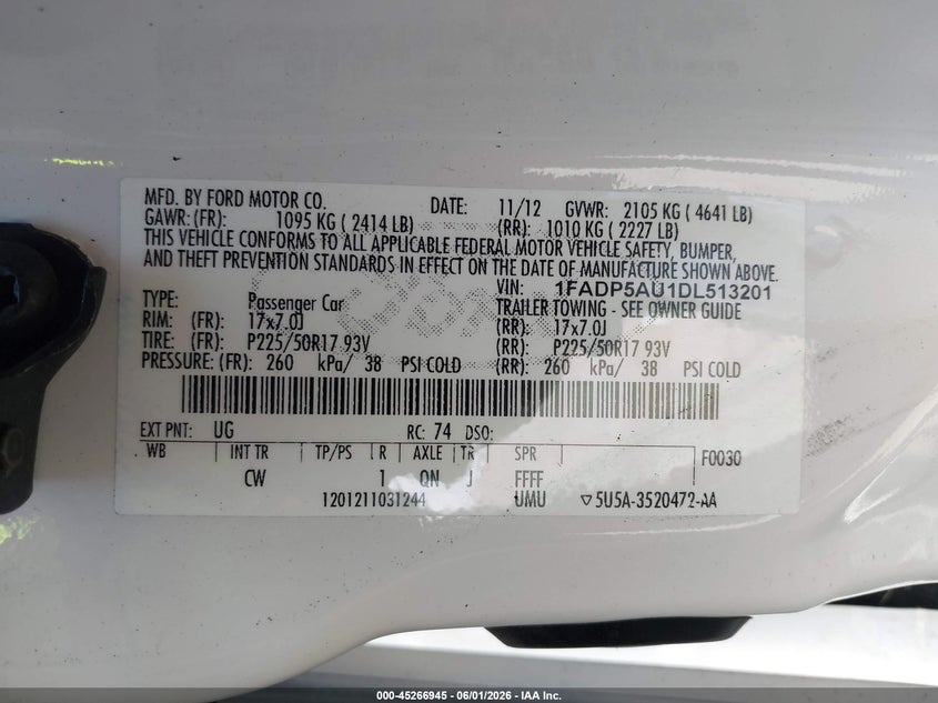 2013 Ford C-Max Hybrid Se VIN: 1FADP5AU1DL513201 Lot: 45266945