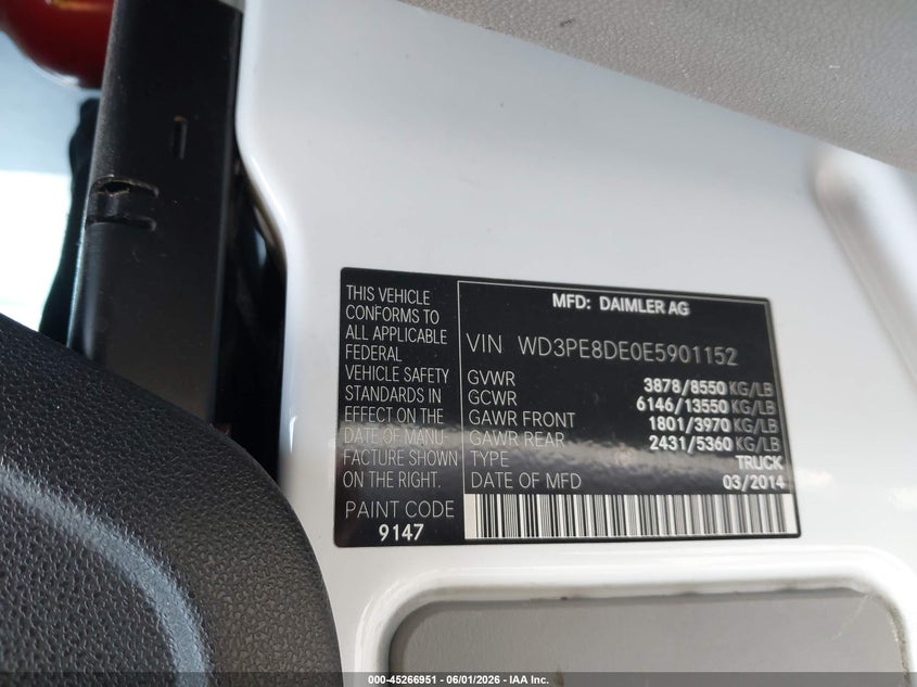 2014 Mercedes-Benz Sprinter 2500 High Roof VIN: WD3PE8DE0E5901152 Lot: 45266951
