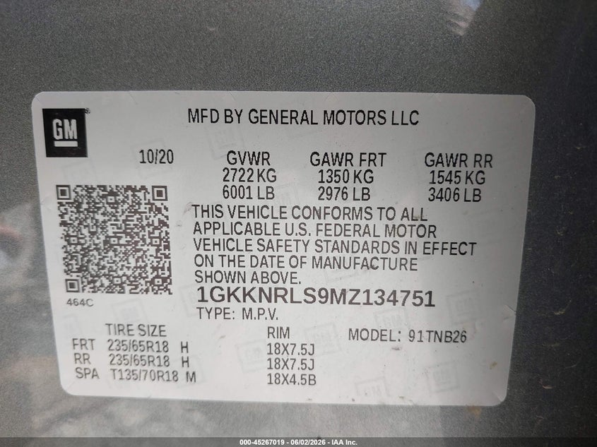 VIN 1GKKNRLS9MZ134751 2021 GMC ACADIA AWD SLE