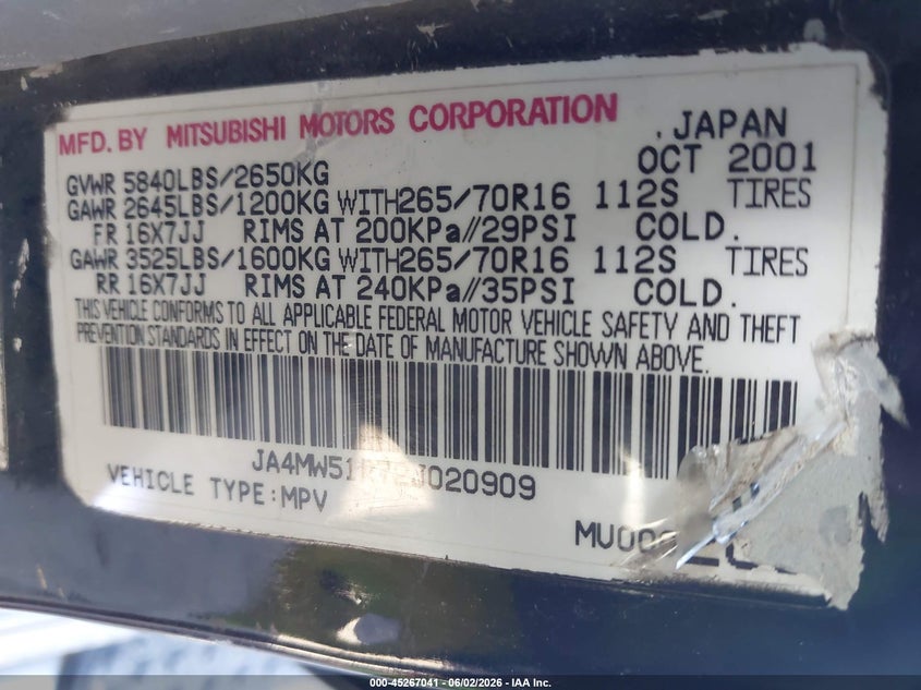 2002 Mitsubishi Montero Limited VIN: JA4MW51R72J020909 Lot: 45267041