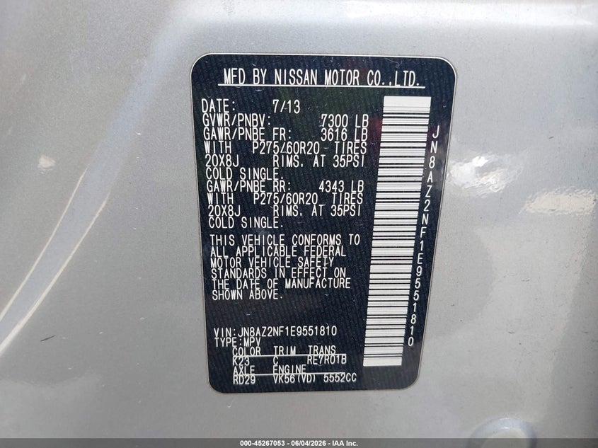 2014 Infiniti Qx80 VIN: JN8AZ2NF1E9551810 Lot: 45267053