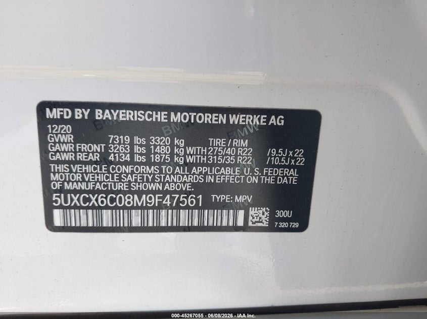 2021 BMW X7 M50I VIN: 5UXCX6C08M9F47561 Lot: 45267055
