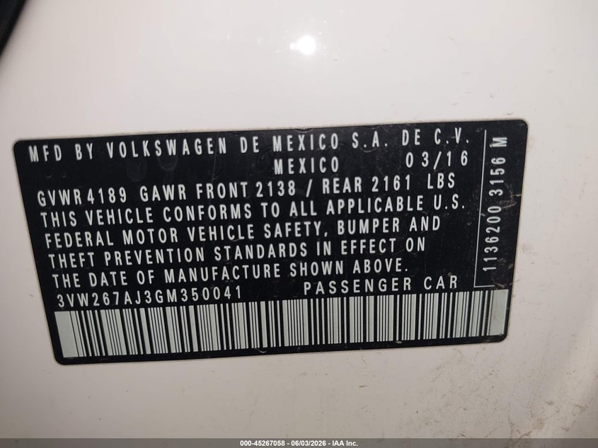 2016 Volkswagen Jetta 1.4T S VIN: 3VW267AJ3GM350041 Lot: 45267058