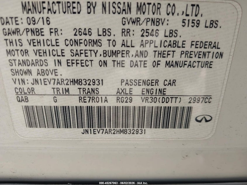 2017 Infiniti Q50 3.0T Premium VIN: JN1EV7AR2HM832931 Lot: 45267063