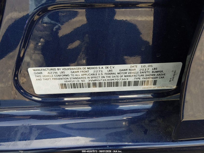 2006 Volkswagen Jetta 2.5 VIN: 3VWRG71KX6M707363 Lot: 45267073