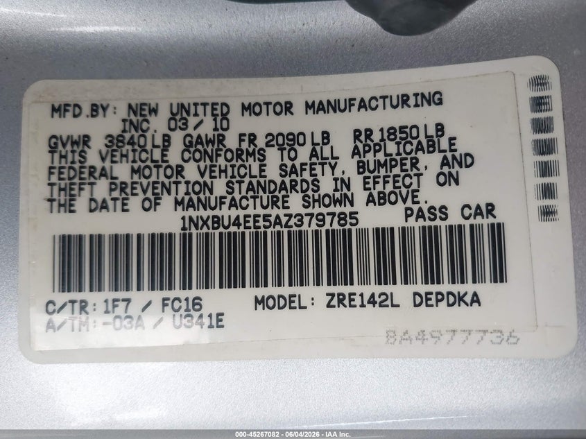 2010 Toyota Corolla Le VIN: 1NXBU4EE5AZ379785 Lot: 45267082