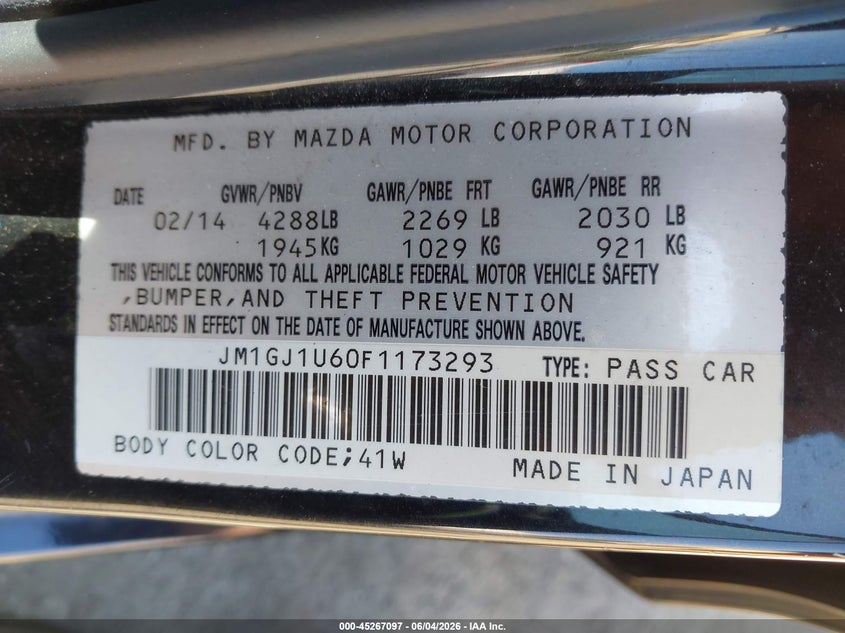 2015 Mazda Mazda6 I Sport VIN: JM1GJ1U60F1173293 Lot: 45267097