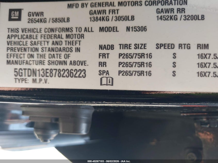 2007 Hummer H3 Suv VIN: 5GTDN13E878236223 Lot: 45267103