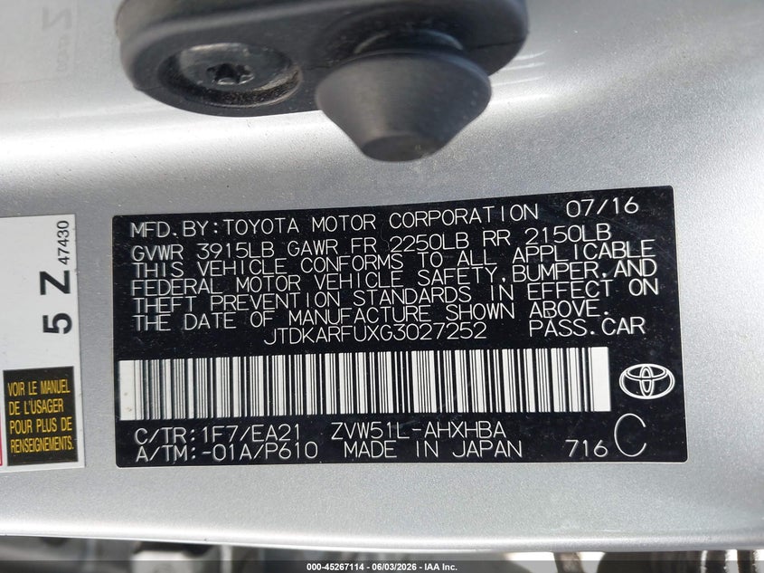 2016 Toyota Prius Three Touring VIN: JTDKARFUXG3027252 Lot: 45267114