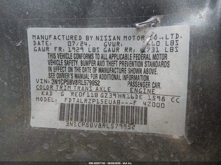 VIN 3N1CP5BV8RL579952 2024 NISSAN KICKS S XTRONIC CVT
