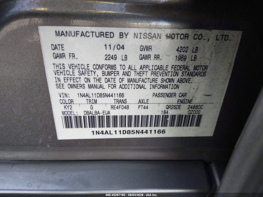 2005 Nissan Altima 2.5 S VIN: 1N4AL11D85N441166 Lot: 45267165