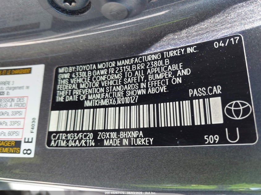 2018 Toyota C-Hr Xle Premium VIN: NMTKHMBX6JR010127 Lot: 45267170